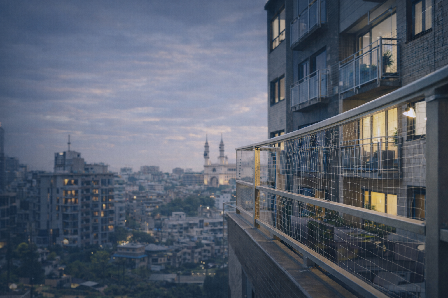 Balcony safety nets installed on apartment building in Bangalore by Tharak Enterprises